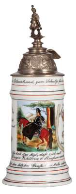 Regimental stein, .5L, 11.3" ht., porcelain, 1. Esk. 2. Leib Husaren Regiment, Stolz Königin Viktoria v. Preussen, Danzig, 1899 - 1902, two side scenes, roster, eagle thumblift, named to: Gefreiter Fischer on lid, Ficher on hand-painted roster, rare scene