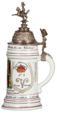 Regimental stein, .5L, 11.3" ht., porcelain, 1. Esk. 2. Leib Husaren Regiment, Stolz Königin Viktoria v. Preussen, Danzig, 1899 - 1902, two side scenes, roster, eagle thumblift, named to: Gefreiter Fischer on lid, Ficher on hand-painted roster, rare scene - 2