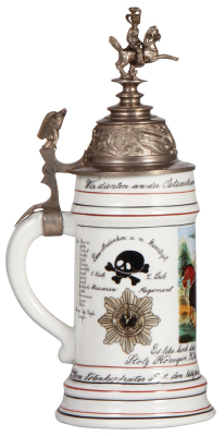 Regimental stein, .5L, 11.3" ht., porcelain, 1. Esk. 2. Leib Husaren Regiment, Stolz Königin Viktoria v. Preussen, Danzig, 1899 - 1902, two side scenes, roster, eagle thumblift, named to: Gefreiter Fischer on lid, Ficher on hand-painted roster, rare scene - 3