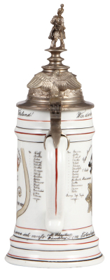 Regimental stein, .5L, 11.3" ht., porcelain, 1. Esk. 2. Leib Husaren Regiment, Stolz Königin Viktoria v. Preussen, Danzig, 1899 - 1902, two side scenes, roster, eagle thumblift, named to: Gefreiter Fischer on lid, Ficher on hand-painted roster, rare scene - 4