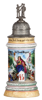 Regimental stein, .5L, 11.5'' ht., porcelain, 12. Comp., Inft. Regt. Nr. 45, Insterburg, 1903 - 1905, four side scenes, eagle thumblift, named to: Res. Tamb. Wagner, very rare unit located in Kaliningrad Oblast of Russia, very good pewter strap repair, li