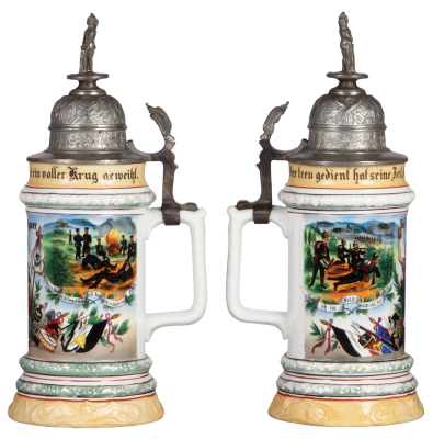 Regimental stein, .5L, 11.5'' ht., porcelain, 12. Comp., Inft. Regt. Nr. 45, Insterburg, 1903 - 1905, four side scenes, eagle thumblift, named to: Res. Tamb. Wagner, very rare unit located in Kaliningrad Oblast of Russia, very good pewter strap repair, li - 2