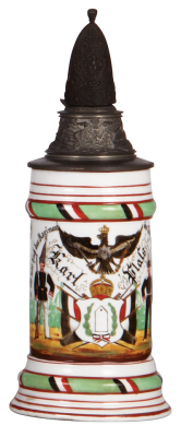 Regimental stein, .5L, 11.2'' ht., porcelain, Leib. Comp., 1. Garde Regt. zu Fuss, Potsdam, 1903 - 1905, one side scene, eagle thumblift, named to: Karl Plass, a few lithophane lines.