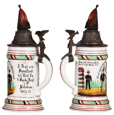 Regimental stein, .5L, 11.2'' ht., porcelain, Leib. Comp., 1. Garde Regt. zu Fuss, Potsdam, 1903 - 1905, one side scene, eagle thumblift, named to: Karl Plass, a few lithophane lines. - 2