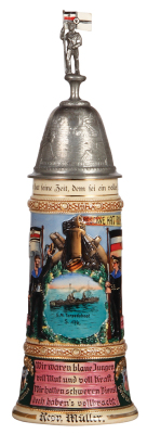 Regimental stein, 1.0L, 14.8" ht., pottery, S.M. Torpedoboot S. 176, 1910 - 1913, two side scenes, roster, eagle thumblift, named to: Res. Müller, mint.