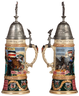 Regimental stein, 1.0L, 14.8" ht., pottery, S.M. Torpedoboot S. 176, 1910 - 1913, two side scenes, roster, eagle thumblift, named to: Res. Müller, mint. - 2