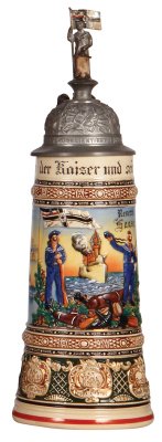 Regimental stein, 1.0L, 13.3" ht., pottery, S.M. Yacht Hohenzollern, II. Werft. Divis. I. Komp., Wilhelmshaven, 1906 - 1909, two side scenes, roster, eagle thumblift, named to: Reserv. Haase, chip repaired inside top rim.