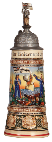 Regimental stein, 1.0L, 13.3" ht., pottery, S.M. Yacht Hohenzollern, II. Werft. Divis. I. Komp., Wilhelmshaven, 1906 - 1909, two side scenes, roster, eagle thumblift, named to: Reserv. Haase, chip repaired inside top rim.