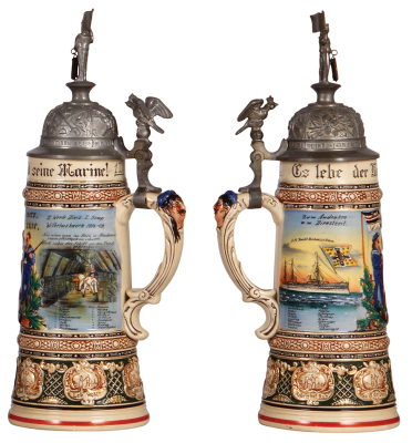 Regimental stein, 1.0L, 13.3" ht., pottery, S.M. Yacht Hohenzollern, II. Werft. Divis. I. Komp., Wilhelmshaven, 1906 - 1909, two side scenes, roster, eagle thumblift, named to: Reserv. Haase, chip repaired inside top rim. - 2