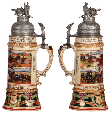 Regimental stein, .5L, 12.5'' ht., pottery, 6. Battr., Feld Artl. Regt. Nr. 24, Güstrow, 1911 - 1913, four side scenes, roster, eagle thumblift, named to: Reservist Diedrich, rare unit from East Germany, very good pewter strap repair, otherwise mint. - 2