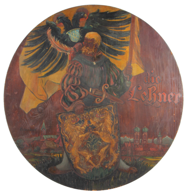 Black Forest wood wall plaque, 31.2" d., painted, large  scene of Landsknecht with shield and double eagle flag on staff, die LeRner, city views of Erbendorf & München, custom ordered, good condition.