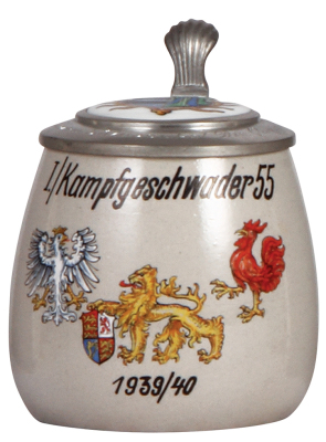 Third Reich stein, .5L, stoneware, 1. Kampfgeschwader 55, 1939 -1940, inlaid porcelain lid: Ihrem Patenonkel Dir. Quarg, mint.