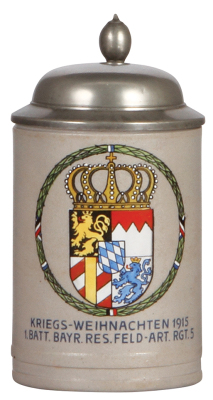 Military stein, .5L, stoneware, Kriegs-Weihnachten 1915, 1. Batt. Res. Feld - Art., Regt 5, pewter lid, mint.