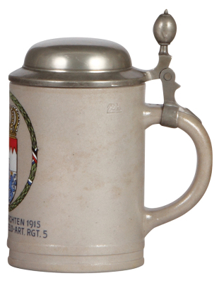 Military stein, .5L, stoneware, Kriegs-Weihnachten 1915, 1. Batt. Res. Feld - Art., Regt 5, pewter lid, mint. - 2