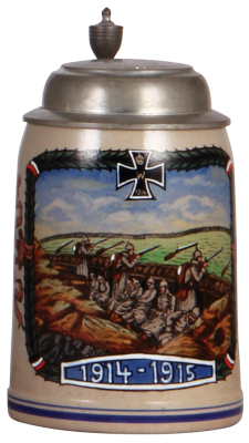 Military stein, .5L, stoneware, 1914 - 1915, Iron Cross, pewter lid with inscription, 1914 - 1916, mint.