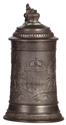 Pewter stein, .5L, relief, Bavarian coat-of-arms, lion thumblift, crown finial, mint.