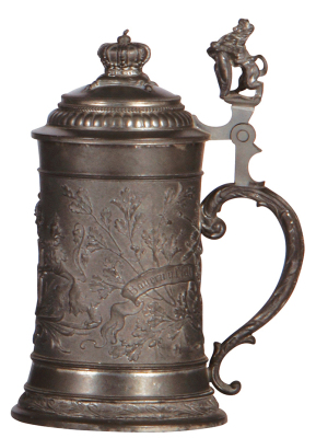 Pewter stein, .5L, relief, Bavarian coat-of-arms, lion thumblift, crown finial, mint. - 2