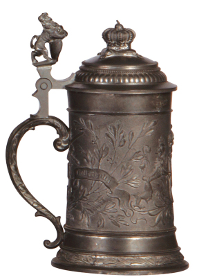 Pewter stein, .5L, relief, Bavarian coat-of-arms, lion thumblift, crown finial, mint. - 3