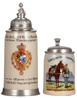 Two Military steins, 1.0L, stoneware, von den Offizieren u. Unt. Offizieren d. 4. [Geb. Batt.] 7. [Bayer.] Art. Regt., Landsberg a.L., pewter lid & base, mint; with, Third Reich stein, .5L, Unteroffizier Verein Landsberg a. L., pewter lid, same owner for 