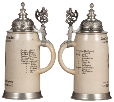 Two Military steins, 1.0L, stoneware, von den Offizieren u. Unt. Offizieren d. 4. [Geb. Batt.] 7. [Bayer.] Art. Regt., Landsberg a.L., pewter lid & base, mint; with, Third Reich stein, .5L, Unteroffizier Verein Landsberg a. L., pewter lid, same owner for - 2