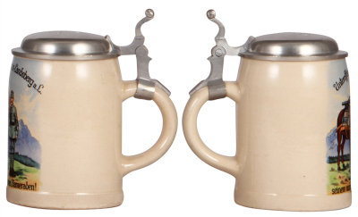 Two Military steins, 1.0L, stoneware, von den Offizieren u. Unt. Offizieren d. 4. [Geb. Batt.] 7. [Bayer.] Art. Regt., Landsberg a.L., pewter lid & base, mint; with, Third Reich stein, .5L, Unteroffizier Verein Landsberg a. L., pewter lid, same owner for - 3