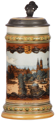 Mettlach stein, .5L, 1863, etched, Stuttgart, inlaid lid, mint.