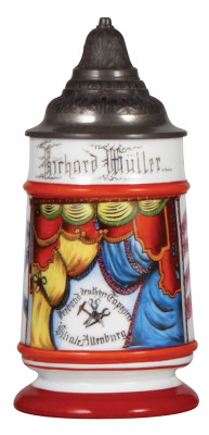 Porcelain stein, .5L, transfer & hand-painted, Occupational Tapesiere [Tapestry Maker], Verband deutscher Tapeziere filiale Altenburg, rare, pewter lid, faint lithophane lines, otherwise mint. From the Etheridge Collection & pictured in the Occupational S