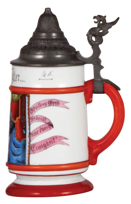 Porcelain stein, .5L, transfer & hand-painted, Occupational Tapesiere [Tapestry Maker], Verband deutscher Tapeziere filiale Altenburg, rare, pewter lid, faint lithophane lines, otherwise mint. From the Etheridge Collection & pictured in the Occupational S - 2