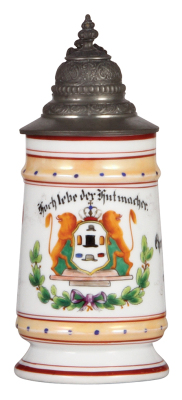 Porcelain stein, .5L, transfer & hand-painted, Occupational Hutmacher [Hat Maker], Sulzbach, 1895, rare, pewter lid, slight wear to base bands. From the Etheridge Collection & pictured in the Occupational Stein Book.