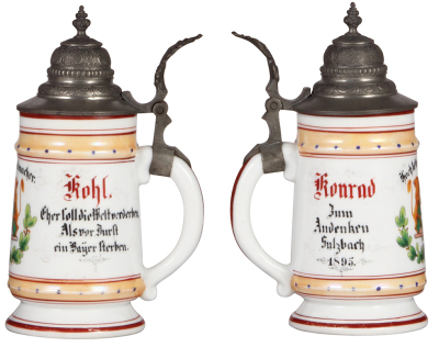 Porcelain stein, .5L, transfer & hand-painted, Occupational Hutmacher [Hat Maker], Sulzbach, 1895, rare, pewter lid, slight wear to base bands. From the Etheridge Collection & pictured in the Occupational Stein Book. - 2