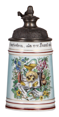 Porcelain stein, .5L, transfer & hand-painted, Occupational Apotheker [Pharmacist], rare, pewter lid, good pewter strap repair, otherwise mint.  From the Etheridge Collection & pictured in the Occupational Stein Book.