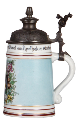 Porcelain stein, .5L, transfer & hand-painted, Occupational Apotheker [Pharmacist], rare, pewter lid, good pewter strap repair, otherwise mint.  From the Etheridge Collection & pictured in the Occupational Stein Book. - 2