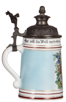 Porcelain stein, .5L, transfer & hand-painted, Occupational Apotheker [Pharmacist], rare, pewter lid, good pewter strap repair, otherwise mint.  From the Etheridge Collection & pictured in the Occupational Stein Book. - 3