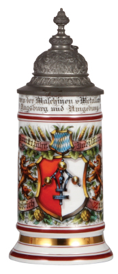 Porcelain stein, .5L, transfer & hand-painted, Occupational Metallarbeiter [Metal Worker], rare, pewter lid, mint.  From the Etheridge Collection & pictured in the Occupational Stein Book.