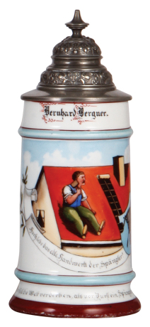 Porcelain stein, .5L, transfer & hand-painted, Occupational Spängler [Metal Worker], pewter lid, wear to red base band. From the Etheridge Collection.