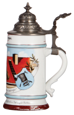 Porcelain stein, .5L, transfer & hand-painted, Occupational Spängler [Metal Worker], pewter lid, wear to red base band. From the Etheridge Collection. - 2