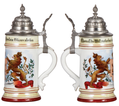 Porcelain stein, .5L, transfer & hand-painted, Occupational Glaser [Glazier], rare, pewter lid, mint. From the Etheridge Collection.  - 2