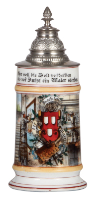 Porcelain stein, .5L, transfer & hand-painted, Occupational Maler [Painter], rare, pewter lid, slight wear to lower red bands, otherwise mint. From the Etheridge Collection.