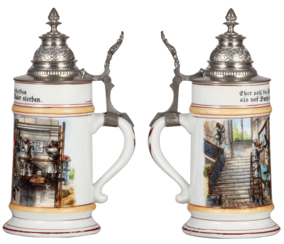 Porcelain stein, .5L, transfer & hand-painted, Occupational Maler [Painter], rare, pewter lid, slight wear to lower red bands, otherwise mint. From the Etheridge Collection. - 2