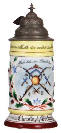 Porcelain stein, .5L, transfer & hand-painted, Occupational Drechsler [Woodturner], rare, pewter lid, mint. From the Etheridge Collection.