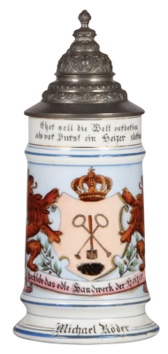 Porcelain stein, .5L, transfer & hand-painted, Occupational Heizer [Furnace Stoker], rare, pewter lid, mint. From the Etheridge Collection. 