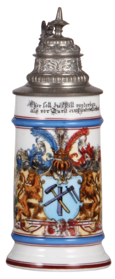 Porcelain stein, .5L, transfer & hand-painted, Occupational Eisendreher [Metal Lathe Operator], rare, pewter lid, mint. From the Etheridge Collection. 