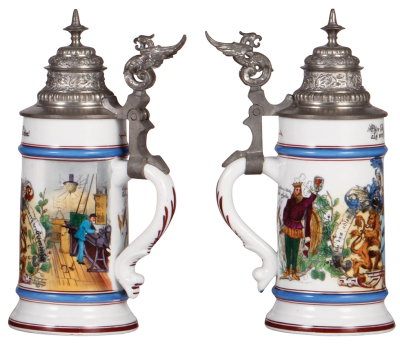 Porcelain stein, .5L, transfer & hand-painted, Occupational Eisendreher [Metal Lathe Operator], rare, pewter lid, mint. From the Etheridge Collection.  - 2