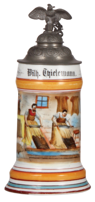 Porcelain stein, .5L, transfer & hand-painted, Occupational Gerber [Leather Tanner], rare, pewter lid, .25" shallow chip at top rim. From the Etheridge Collection.