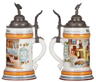 Porcelain stein, .5L, transfer & hand-painted, Occupational Gerber [Leather Tanner], rare, pewter lid, .25" shallow chip at top rim. From the Etheridge Collection. - 2