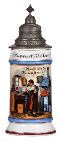 Porcelain stein, .5L, transfer & hand-painted, Occupational Feilenhauer [File Cutter], very rare, pewter lid, mint. From the Etheridge Collection.