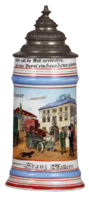 Porcelain stein, .5L, transfer & hand-painted, Occupational Hausdiener [House Servant], Hotel zur Krone, pewter lid, good pewter strap repair, gold bands are worn. From the Etheridge Collection. 