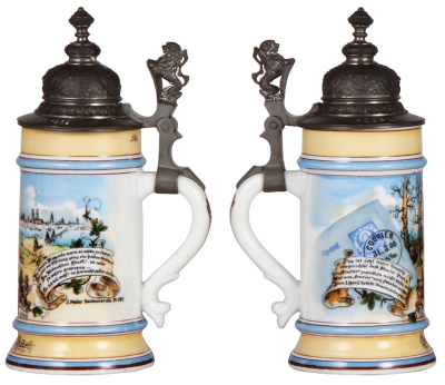 Porcelain stein, .5L, transfer & hand-painted, Occupational Post Courier [Mail Courier], pewter lid, mint.  From the Etheridge Collection & pictured in the Occupational Stein Book. - 2