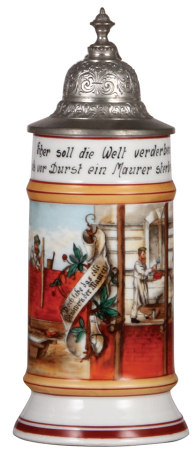 Porcelain stein, .5L, transfer & hand-painted, Occupational Maurer [Bricklayer], pewter lid, mint. From the Etheridge Collection.