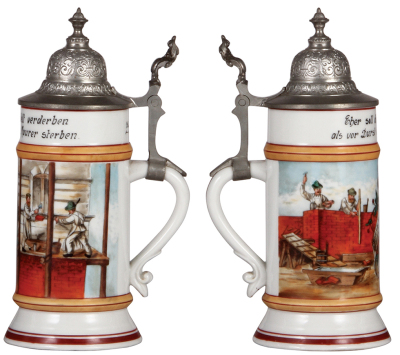 Porcelain stein, .5L, transfer & hand-painted, Occupational Maurer [Bricklayer], pewter lid, mint. From the Etheridge Collection. - 2